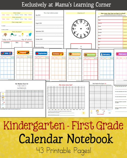 Free printable download that includes monthly calendar, date/day/month/year recognition, weather charting, bar graphs from weather data, telling time, tally marks, and more to use with Kindergarten-First Grades