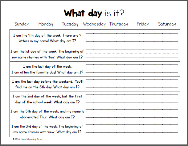 Days of the Week Worksheets - Mamas Learning Corner