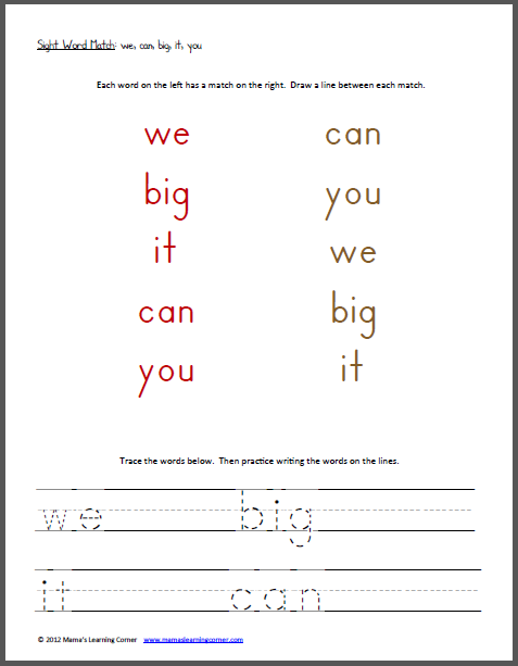 Sight sight we, Mamas word printable game  big, it,  Match: you matching can,  Word Learning Corner