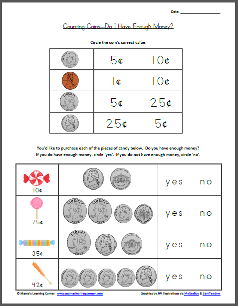 money worksheet for first graders