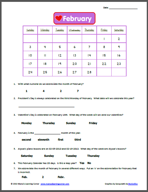 February Calendar Worksheet - Mamas Learning Corner