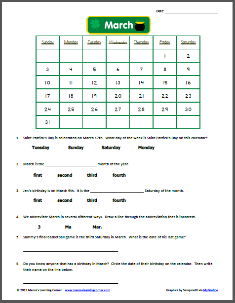 calendar worksheet