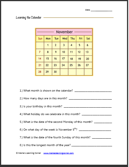 calendar worksheet third grade