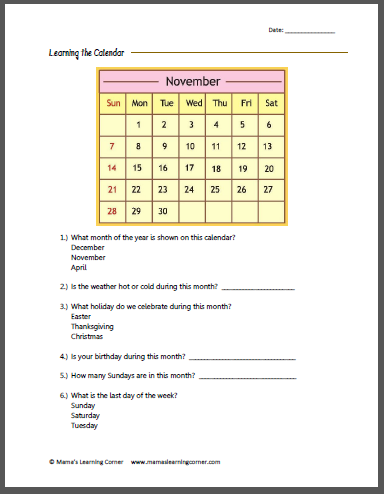 Calendar Worksheet Kindergarten | Calendar and Template