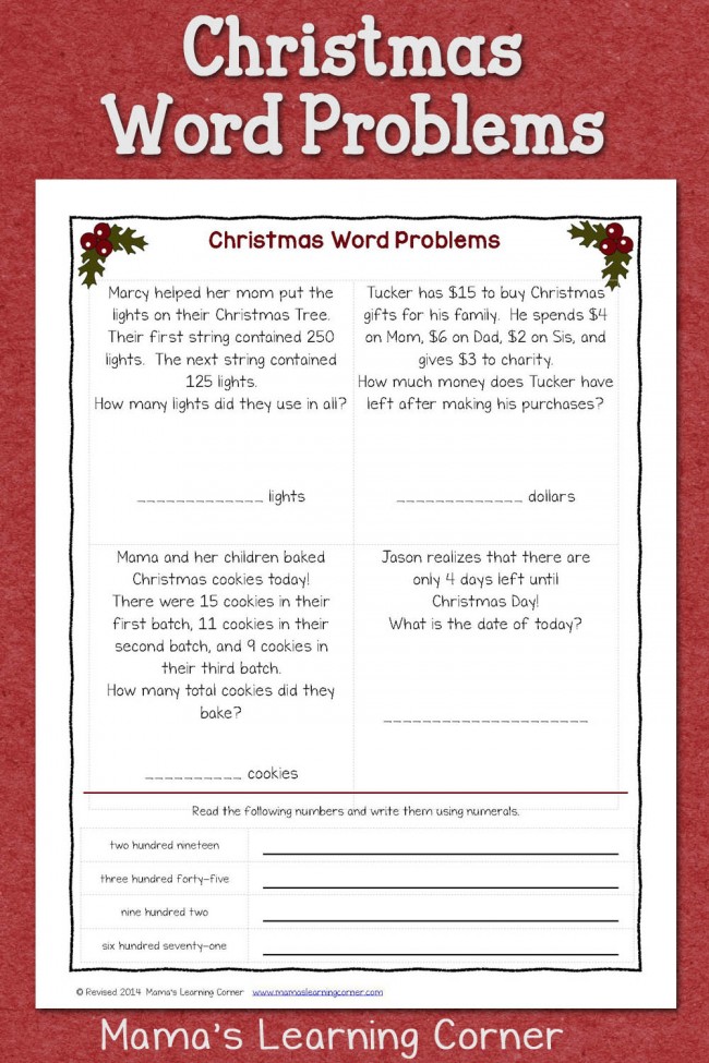 Christmas Word Problems: Free Worksheet