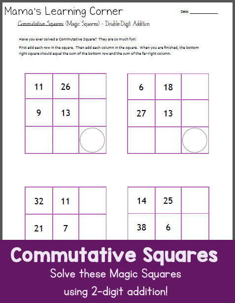 Commutative Squares with 2 Digit Addition Worksheet