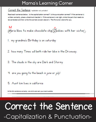 Correct the Sentence! A free worksheet to practice capitalization and puctuation