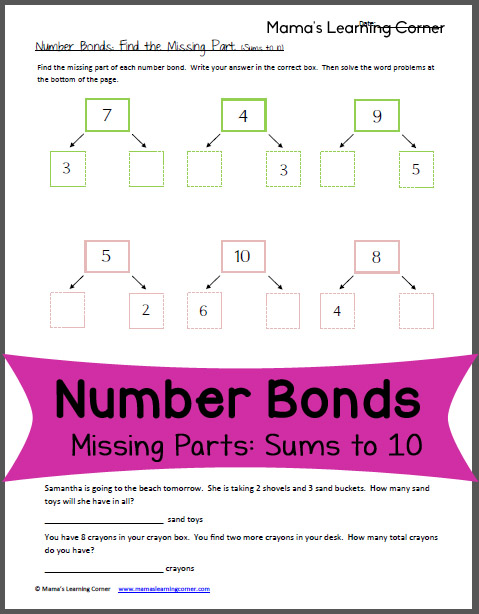 Number Bonds Worksheet: Missing Parts with sums up to 10