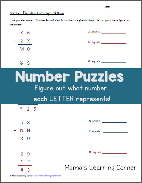 Number Puzzles Worksheet: Using 2-digit addition