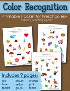 9-page set of Preschool Color Recognition Packet