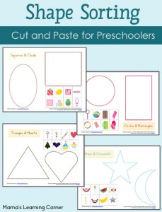 4-page set of Preschool Shape Sorting Worksheets - a neat cut and paste activity!