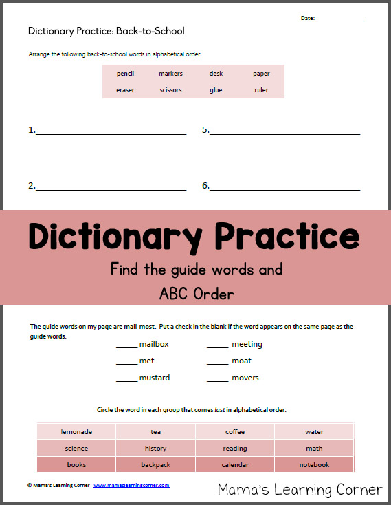 Free Worksheet: Dictionary Practice and ABC Order
