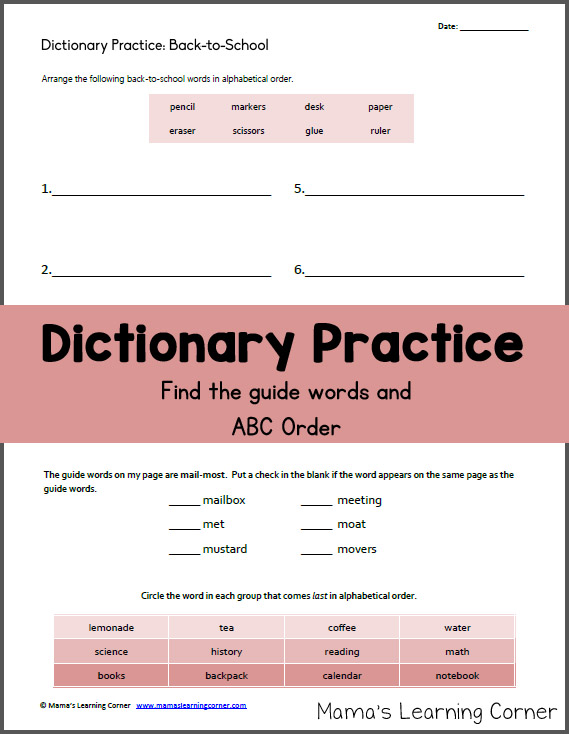 Dictionary Practice Worksheet: Back-to-School! - Mamas Learning Corner