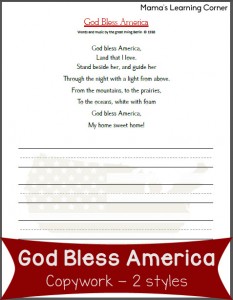 Free Copywork: God Bless America