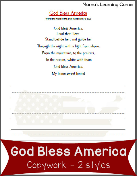 Copywork: God Bless America Lyrics - Mamas Learning Corner