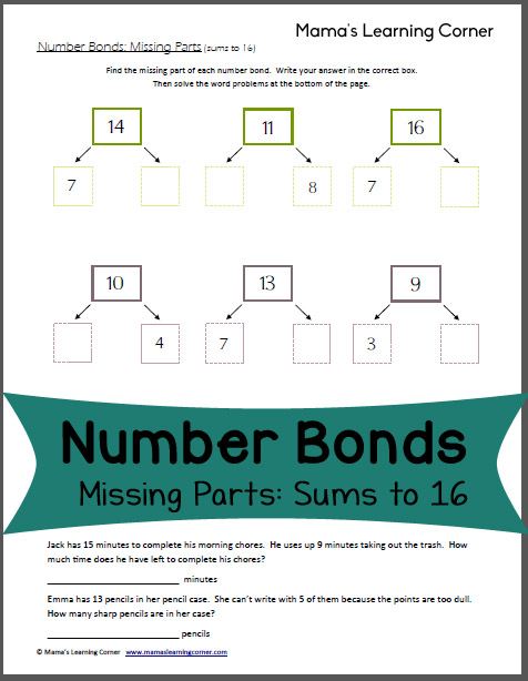 Number Bonds Worksheet: Missing Parts to 16