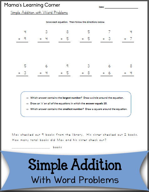 Simple Addition with Word Problems: Free Worksheet