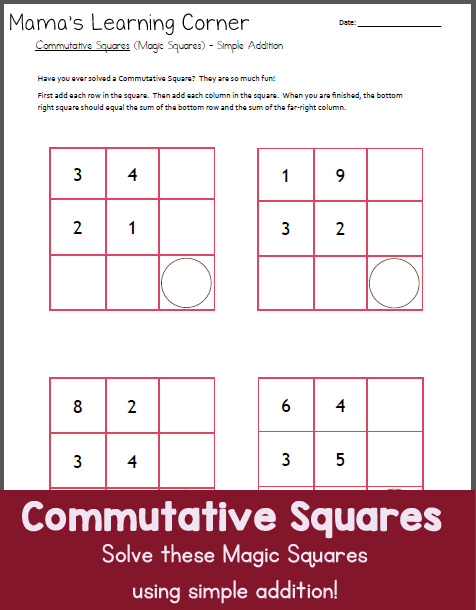 Commutative Squares Worksheet: with Simple Addition