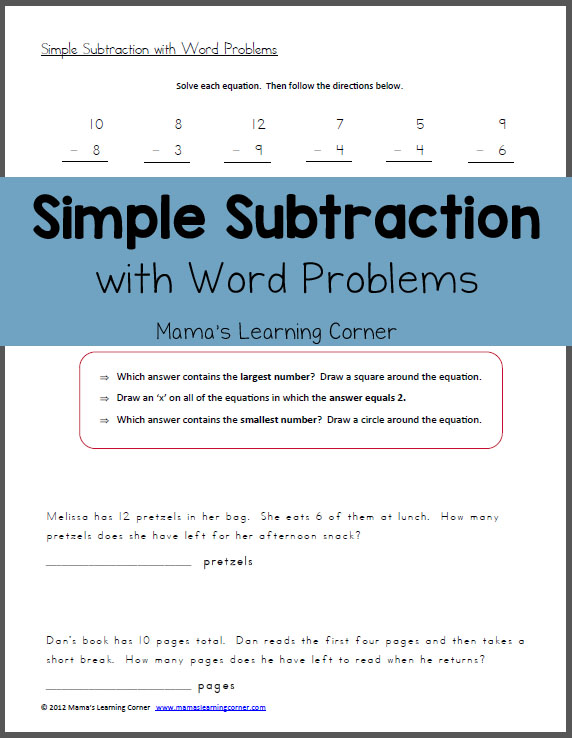 Subtraction Worksheet: Simple Subtraction with Word Problems