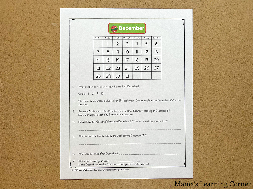 December Calendar Worksheet 1 - Mamas Learning Corner December Calendar Worksheet for 2nd and 3rd Grade
