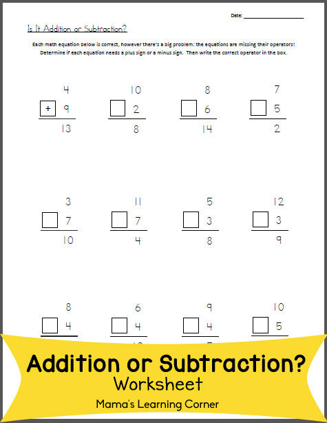 Free Math Worksheet: Is it Addition or Subtraction ...