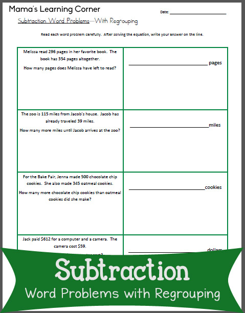 Subtraction Worksheet: Word Problems with Regrouping
