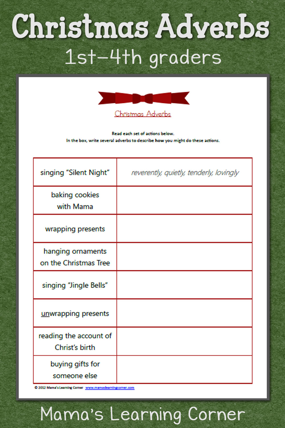 Christmas Adverbs: Free Worksheet for 1st-4th graders