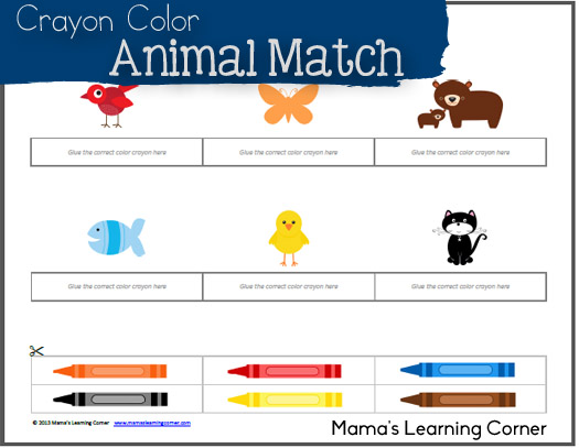 Crayon Color Animal Match - cut & paste activity for Preschool - Kindergarten