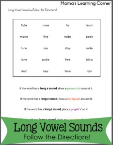 Long Vowel Sounds: Follow the Directions Worksheets