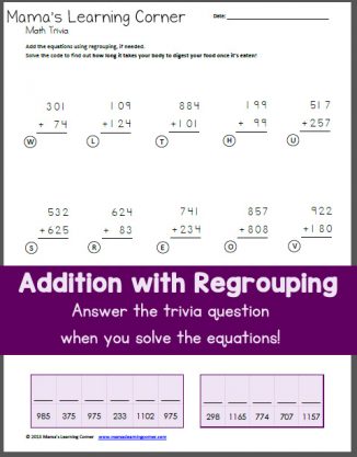 Math Trivia - Addition with Regrouping Worksheet - Mamas Learning Corner