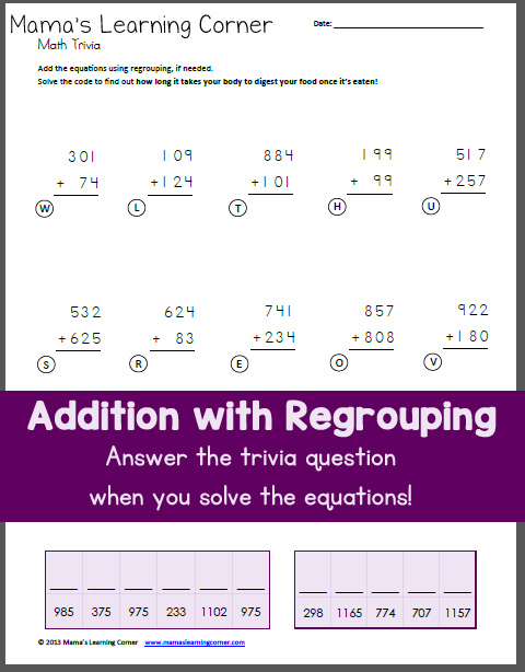 Addition with Regrouping Worksheet: Solve the Code