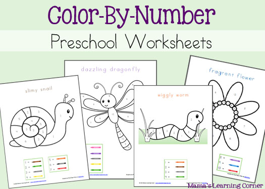 Color-by-Number Preschool Worksheets text with image examples of various coloring pages