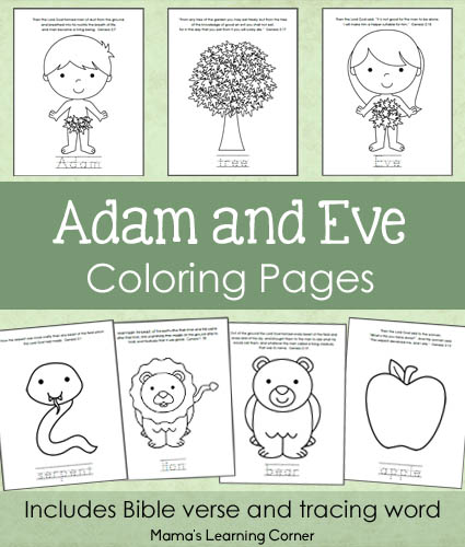 7-page set of Adam and Eve Bible Coloring Pages for Preschoolers and Kindergartners