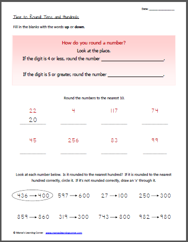 Rounding Tens and Hundreds Worksheet for First and Second Grades