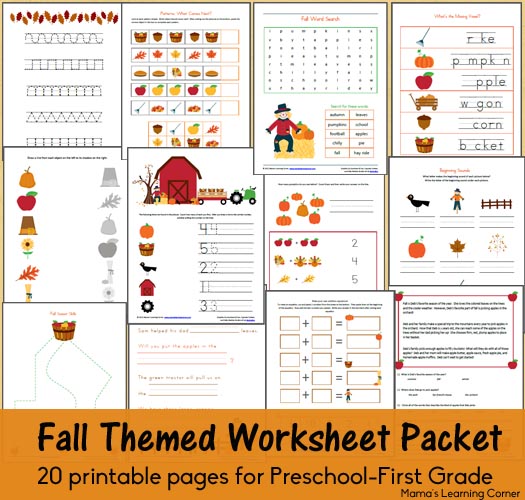 20-page set of Fall-themed worksheets and printables for Preschool-1st Grade