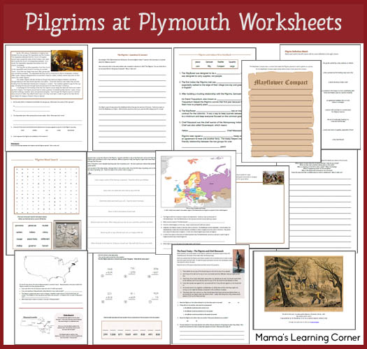13-pagePilgrims at Plymouth Worksheets - including definitions, word search, writing activities, map work, Pilgrim-themed math pages, and more!  For 1st-3rd graders.