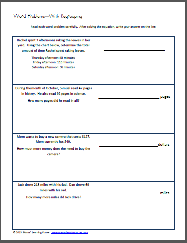 Word Problems with Regrouping Worksheet