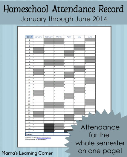 Free Printable Homeschool Attendance Record for 2014