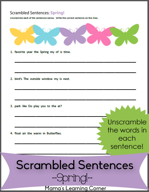 Free Worksheet: Scrambled Sentences: Spring! For 1st and 2nd Graders