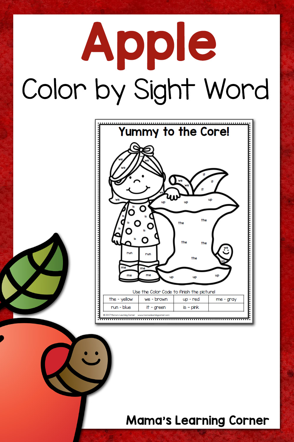 Color By Sight Word: Apple Worksheet