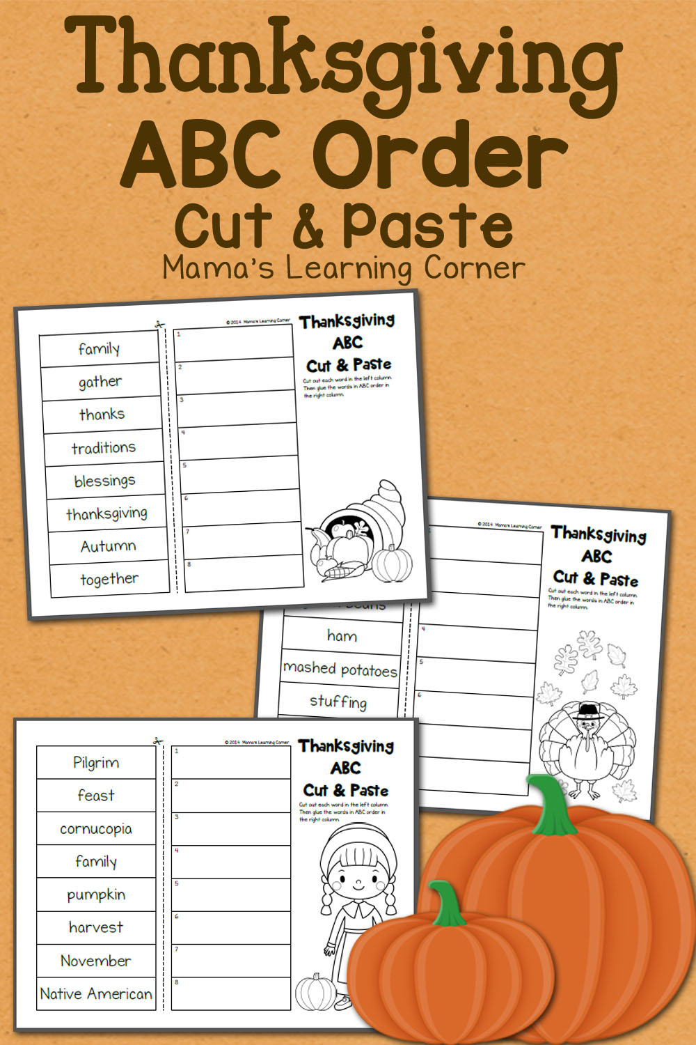 Thanksgiving ABC Order: Cut and Paste Worksheets - Mamas Learning Corner