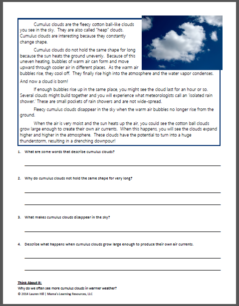 Clouds and The Water Cycle Worksheets - Mamas Learning Corner