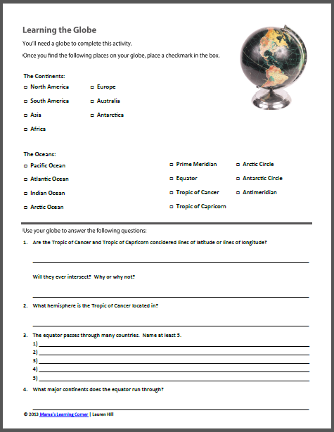 Maps and the Globe Worksheets