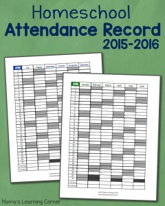 Homeschool Attendance Record for 2015-2016