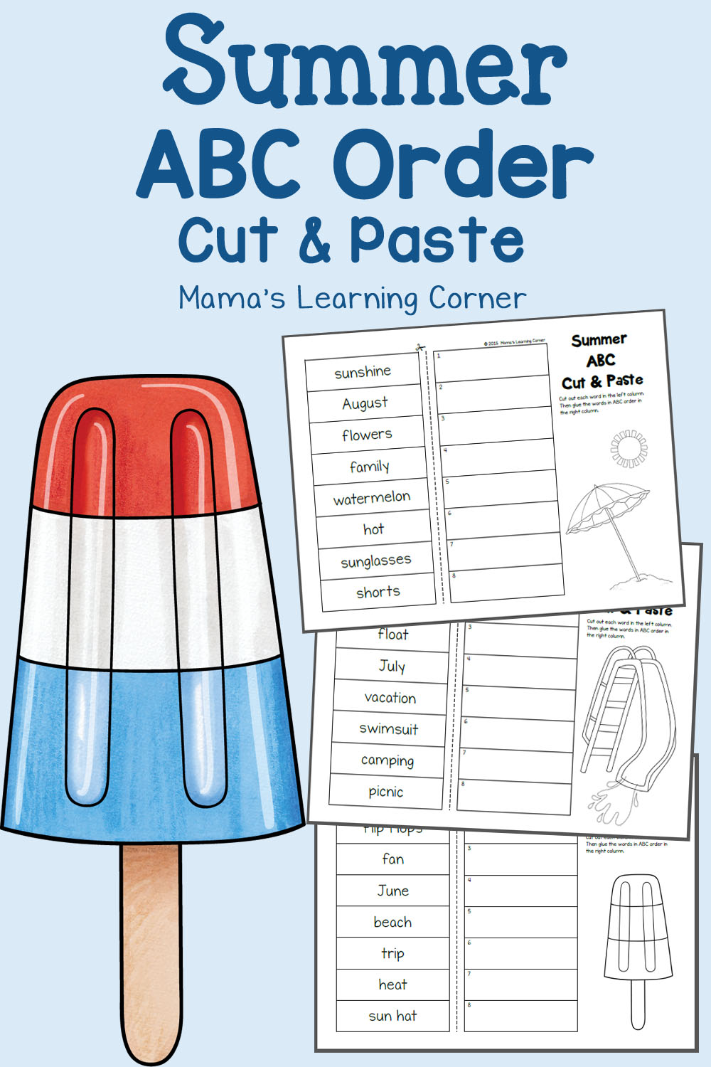 Summer Cut and Paste ABC Order Worksheets