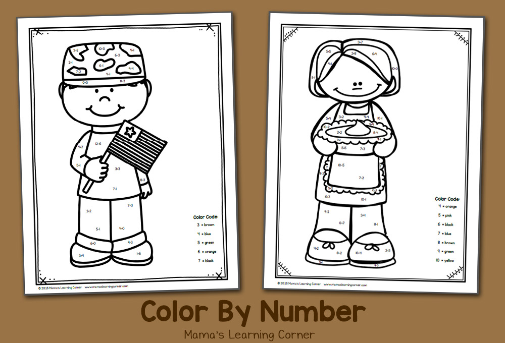 Color By Number Worksheet for November Thanksgiving and Veterans Day
