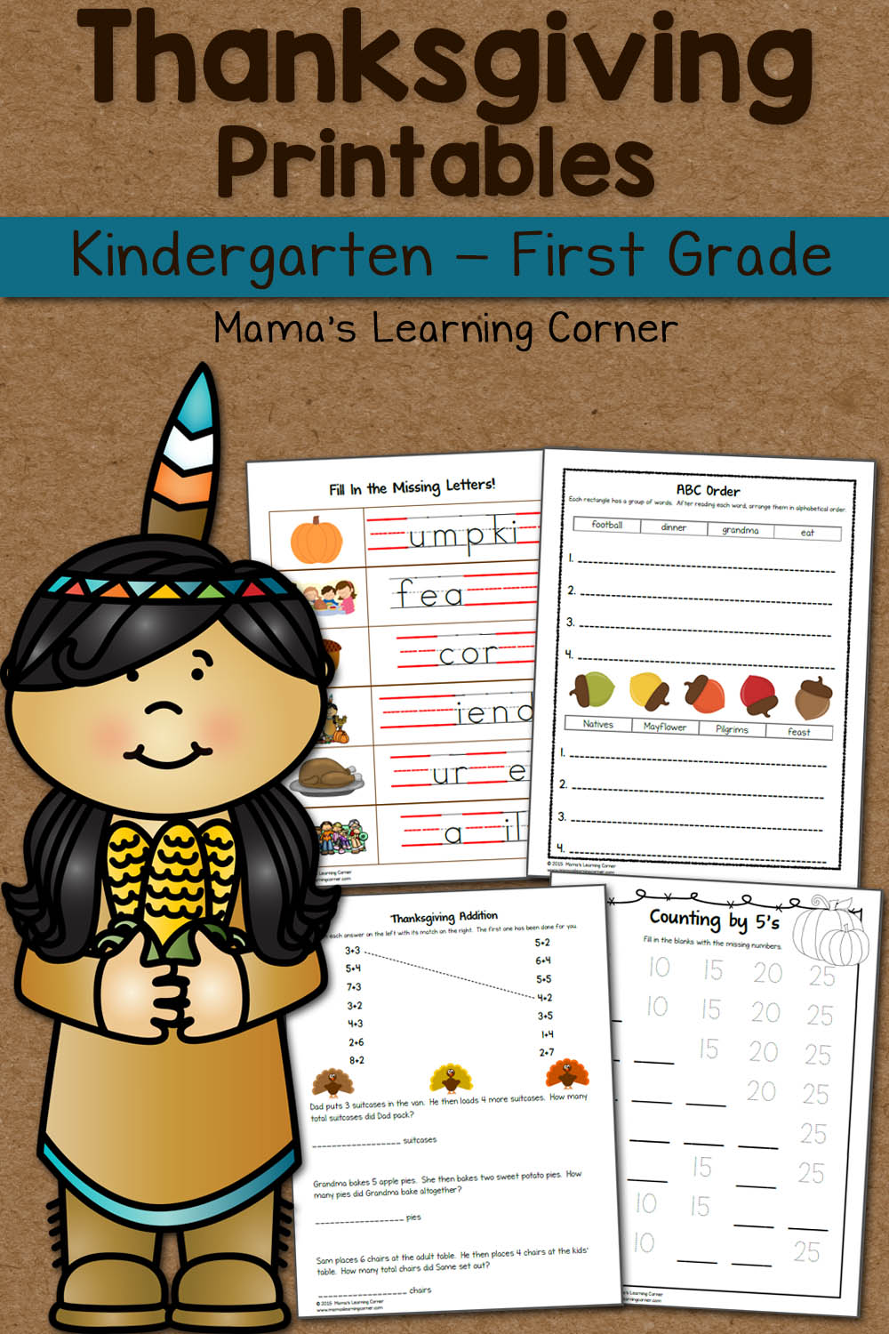 Thanksgiving Worksheet Packet for Kindergarten and First Grade - Mamas