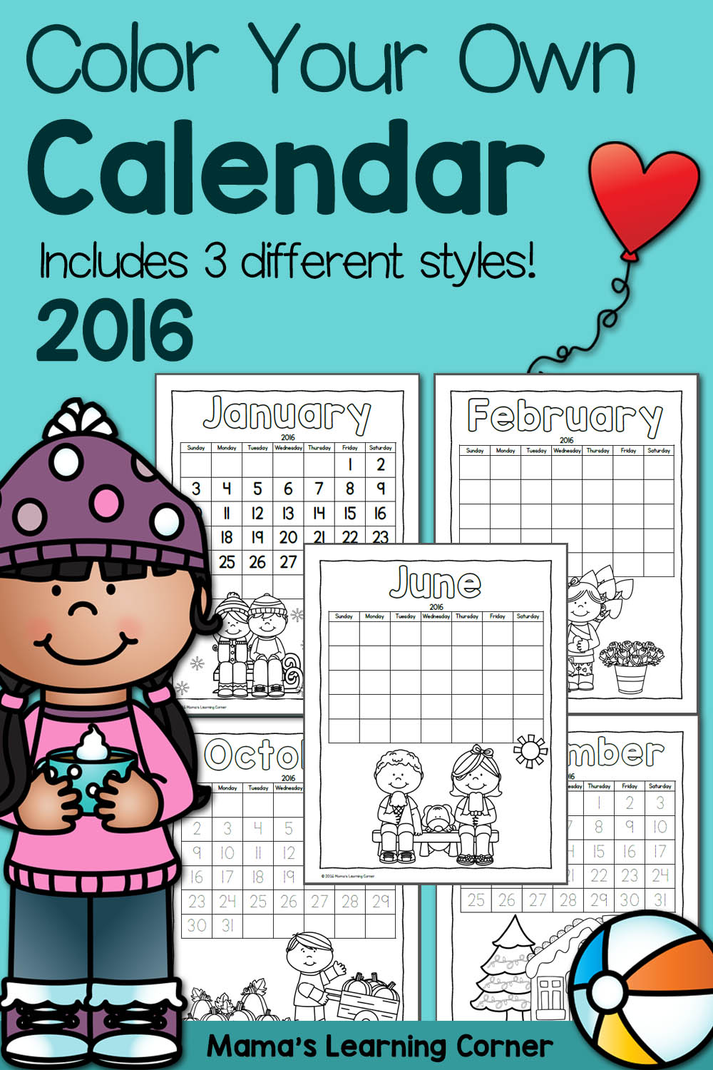 Color Fun Printable Calendar For Kids 2016 Mamas Learning Corner