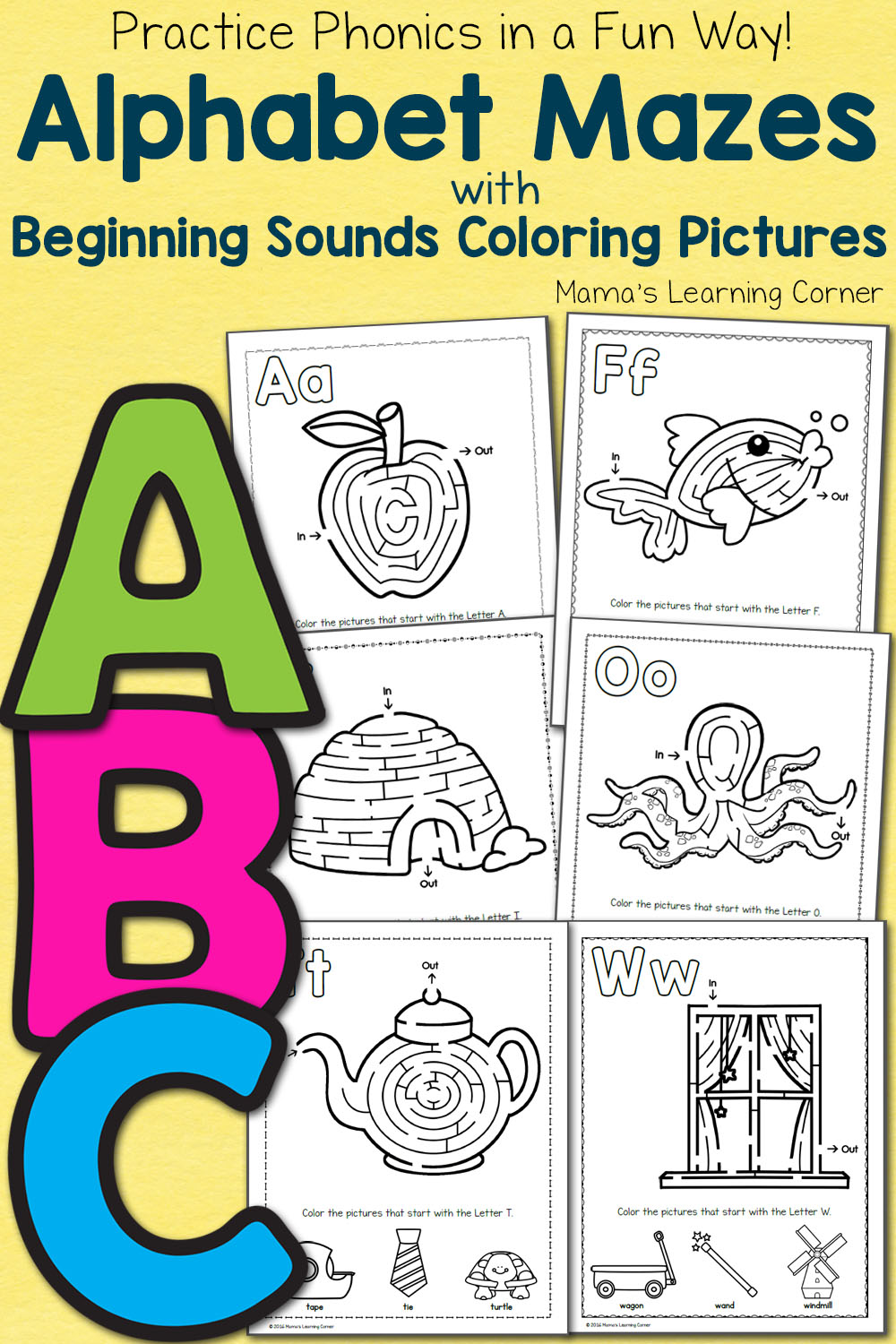 Alphabet Mazes with Beginning Sounds Coloring Pictures