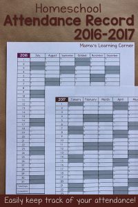 Homeschool Attendance Record 2016-2017 - free printable